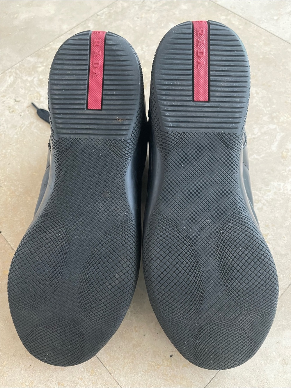 Prada Black Leather High Top Sneakers Red Logo Tab - Picture 6 of 10